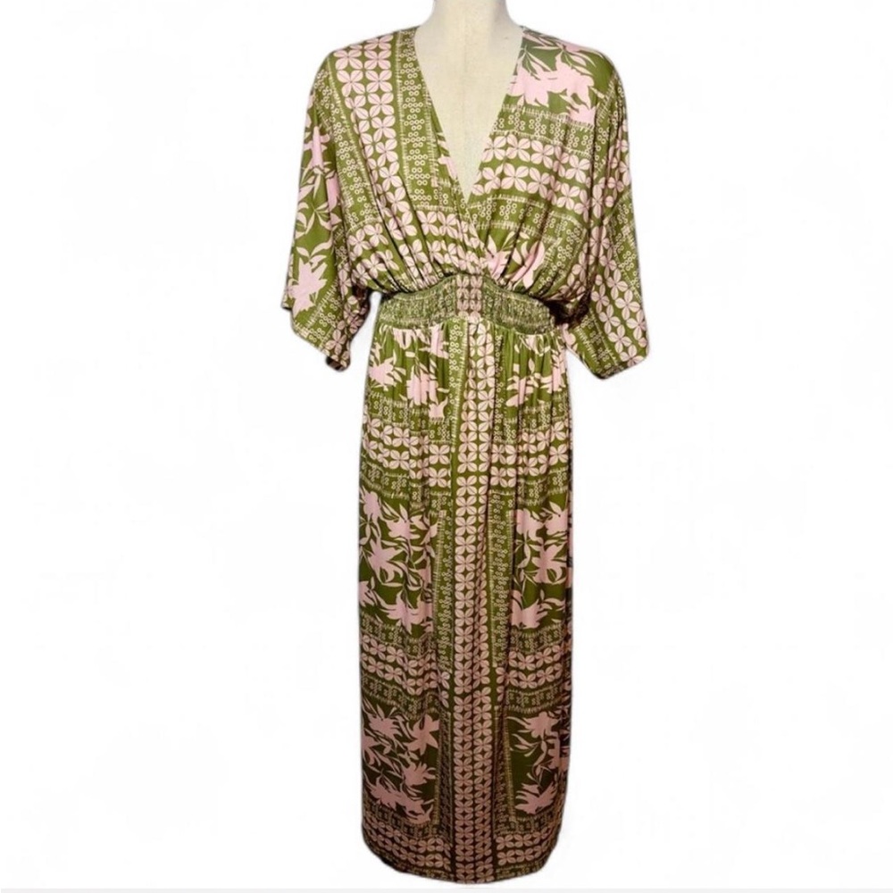 Green and Pink Boho Maxi Dress XL Smocked Waist Flowy Kimono Sleeve Floral